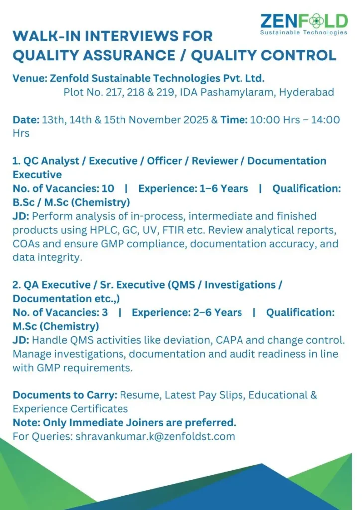 Job openings at Zenfold Sustainable Technologies Pharma jobs in Hyderabad