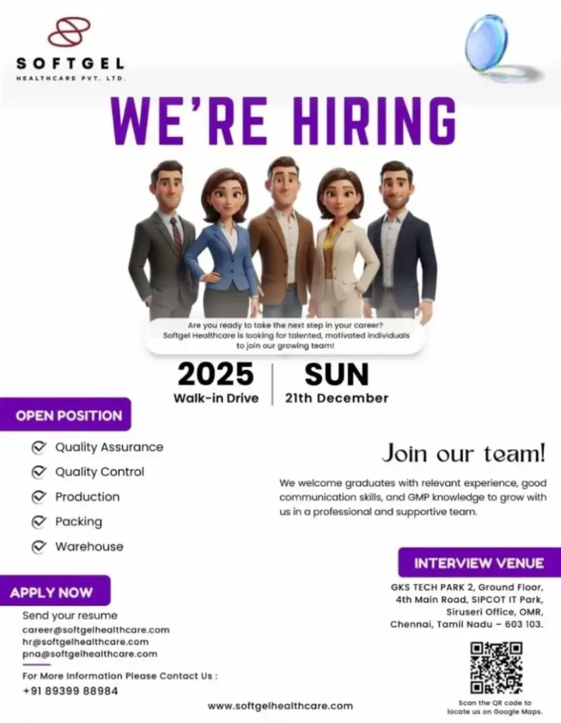 Softgel Healthcare Pharma jobs in Chennai Walk-In Interview
