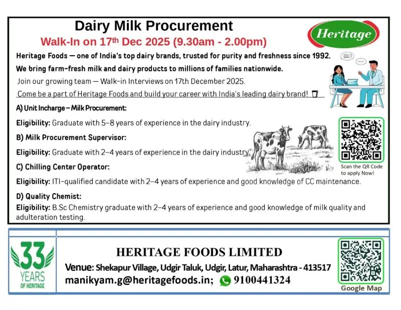 Heritage Foods Limited Pharma jobs in Udgir Latur Walk In Interview