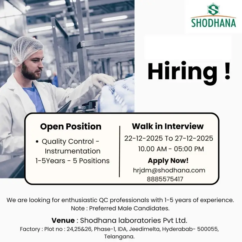 Shodhana Laboratories Pharma jobs in Hyderabad Walk In Interview