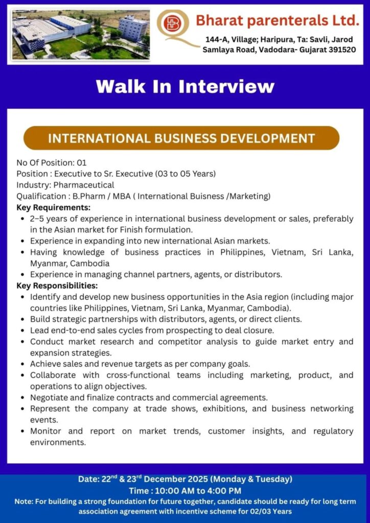 Bharat Parenterals Pharma jobs in Vadodara Walk In Interview