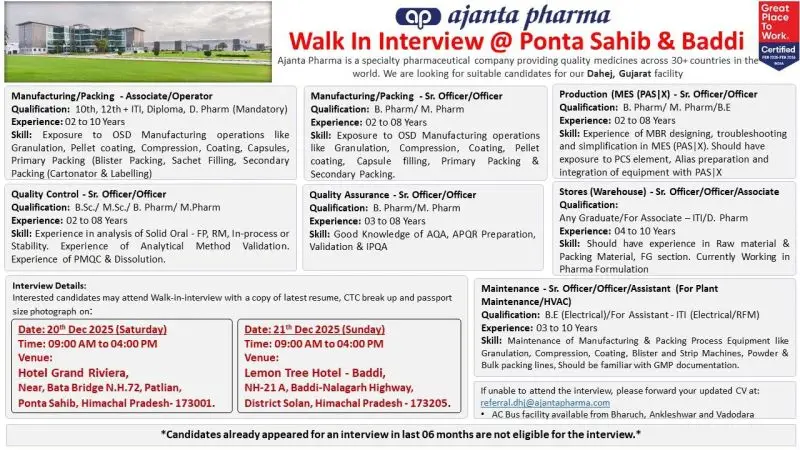 Ajanta Pharma jobs in Ponta Sahib and Baddi Walk In Interview