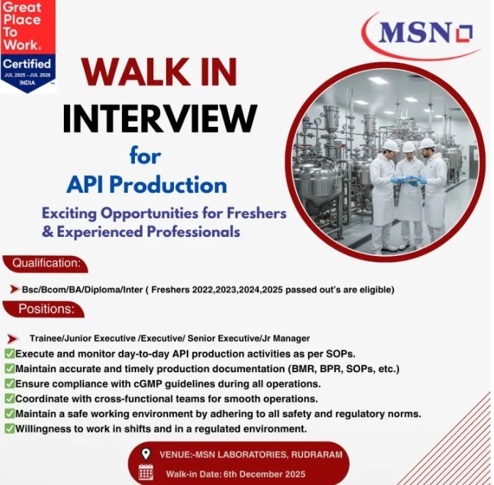 MSN Laboratories Job Opening