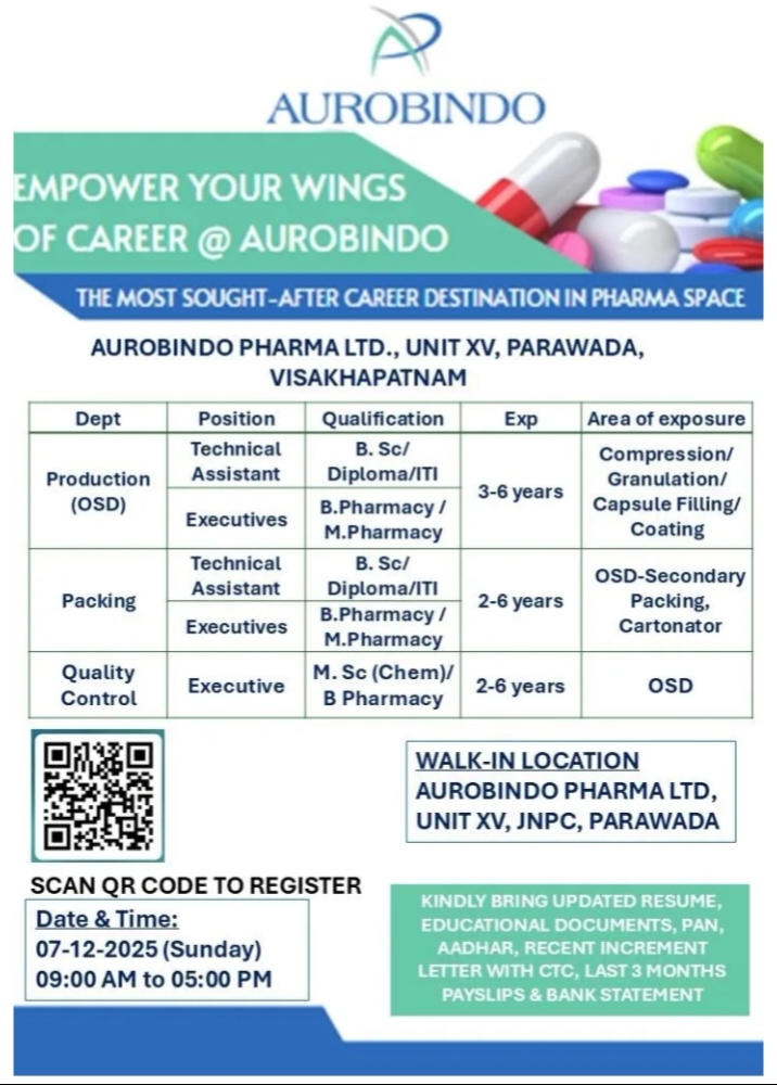 Aurobindo pharma jobs walk in 2025