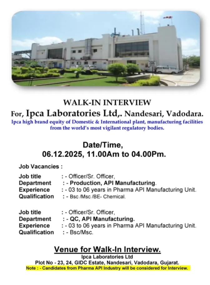 Ipca pharma jobs walk in 2025