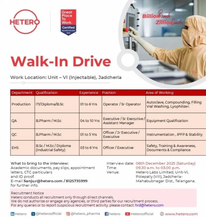 Hetero pharma jobs walk in openings