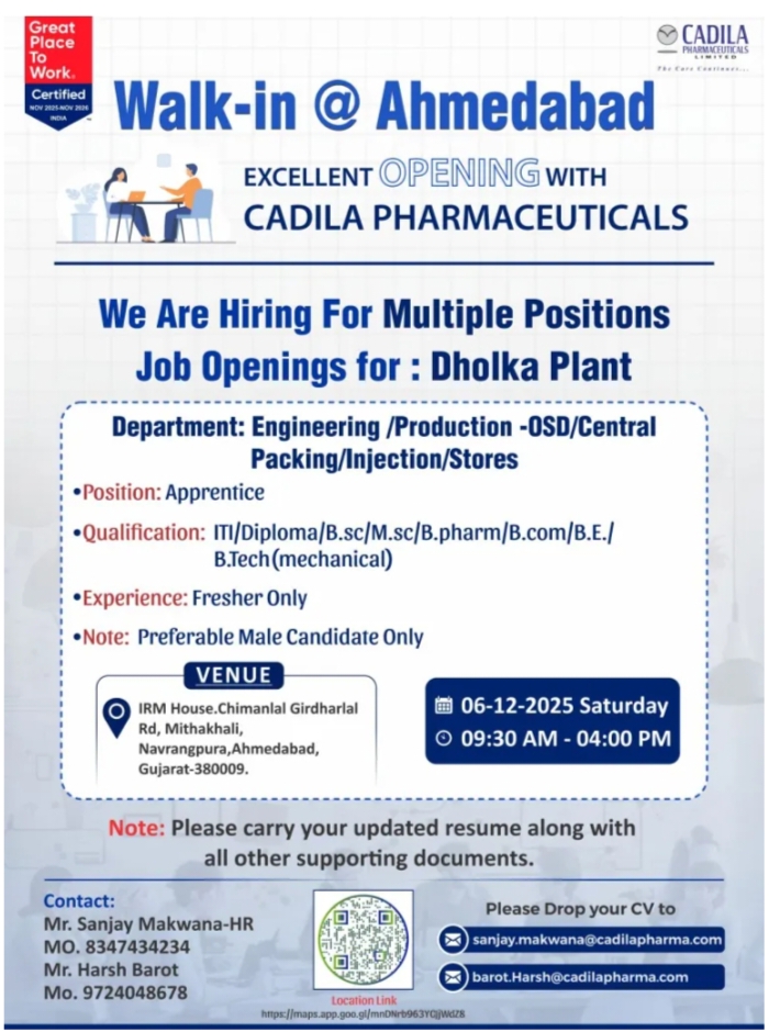 Cadila pharma jobs apprentice openings