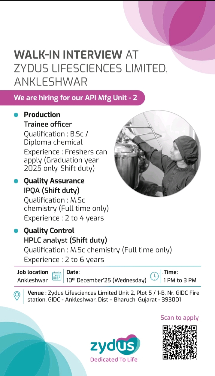 Zydus Pharma Jobs in Ankleshwar Hiring Now