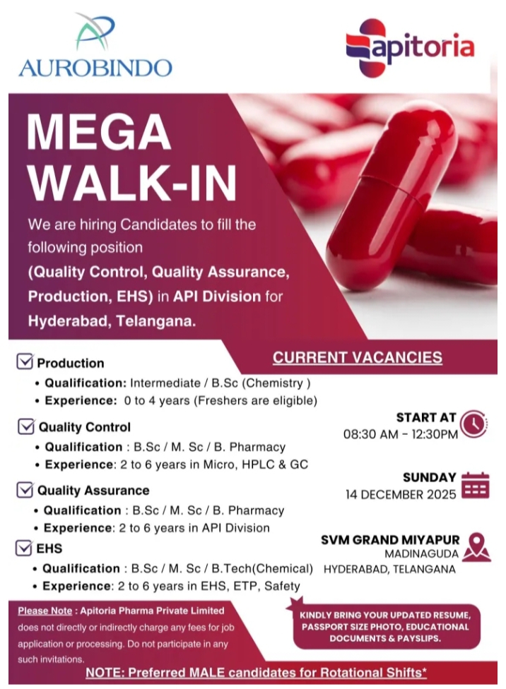 Apitoria Pharma Jobs Walk In Hyderabad