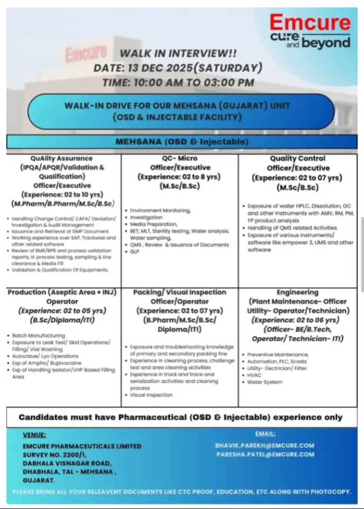 Emcure Pharma Jobs Walk In Mehsana
