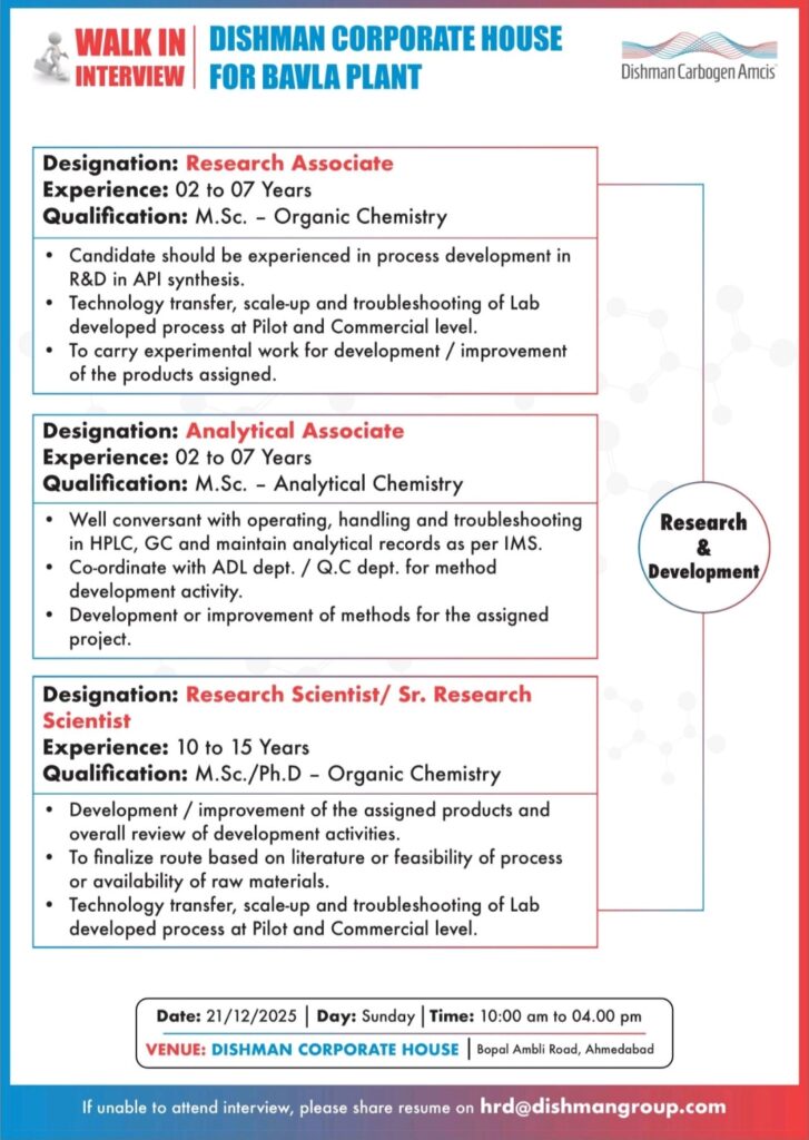 Dishman Pharma jobs in Ahmedabad Walk-In Interview