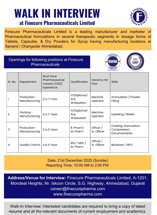Finecure Pharmaceuticals Pharma jobs in Ahmedabad