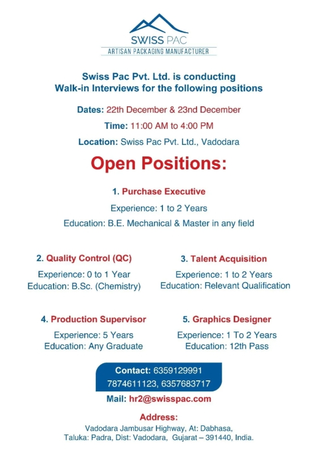 Swiss Pac Pharma jobs in Vadodara Walk In Hiring