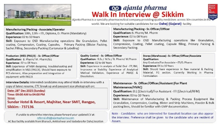 Ajanta Pharma Ltd Pharma Jobs Walk In Interview