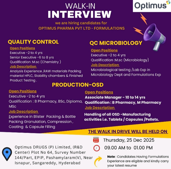 Optimus Pharma Pvt Ltd Pharma Jobs Walk In Interview