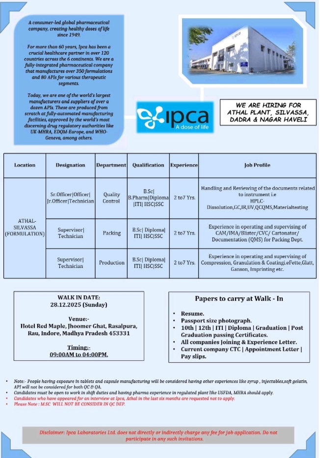 IPCA Laboratories Ltd Pharma Jobs Walk In Interview