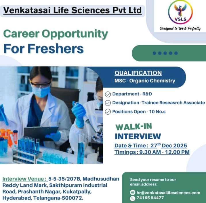 Venkatasai Life Sciences R&D Jobs Walkin
