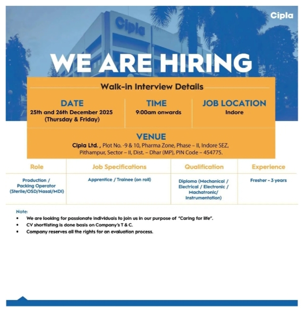 Cipla Pharma jobs for Production Packing Diploma
