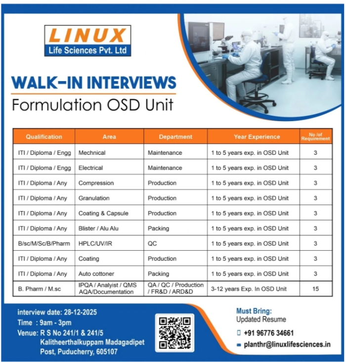 Linux Life Sciences Pharma Jobs for Production QC QA