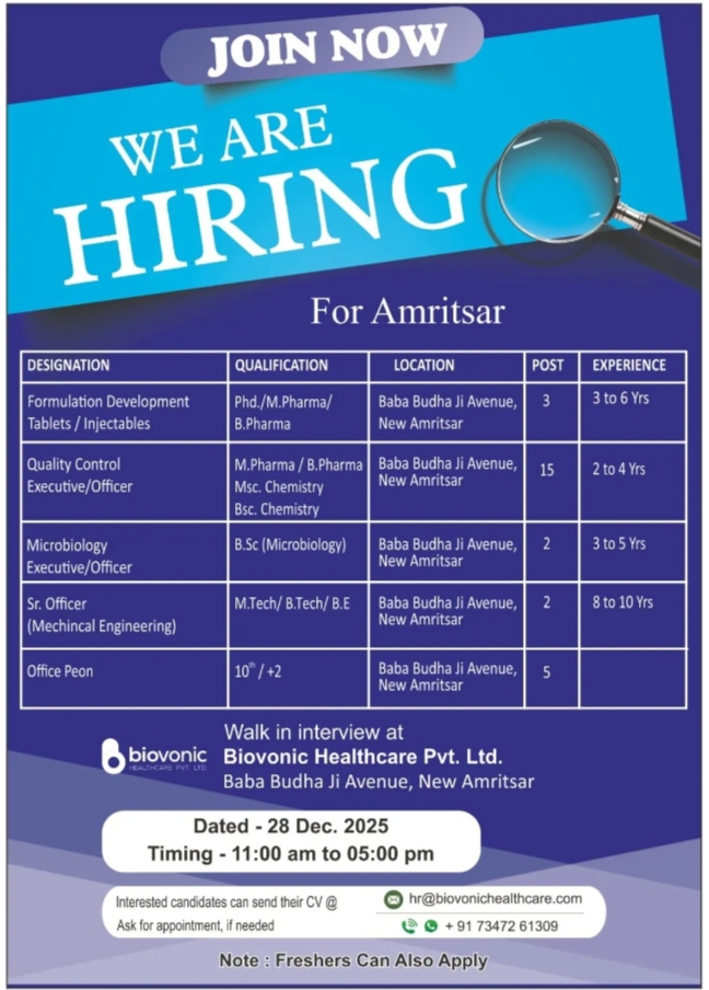 Biovonic Healthcare Pharma jobs Walk In Interview 28 Dec 2025