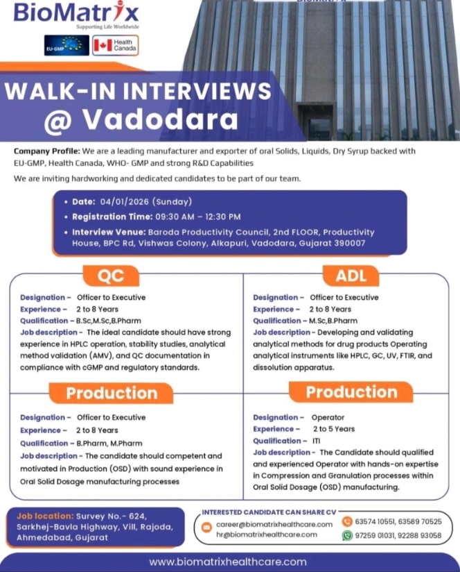 BioMatrix Healthcare Pharma jobs Walk In Interview 04 Jan 2026
