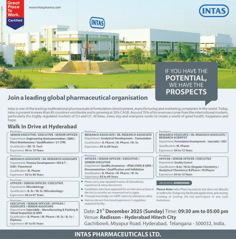 Intas Pharma Jobs in Hyderabad Walk In Interview 2025