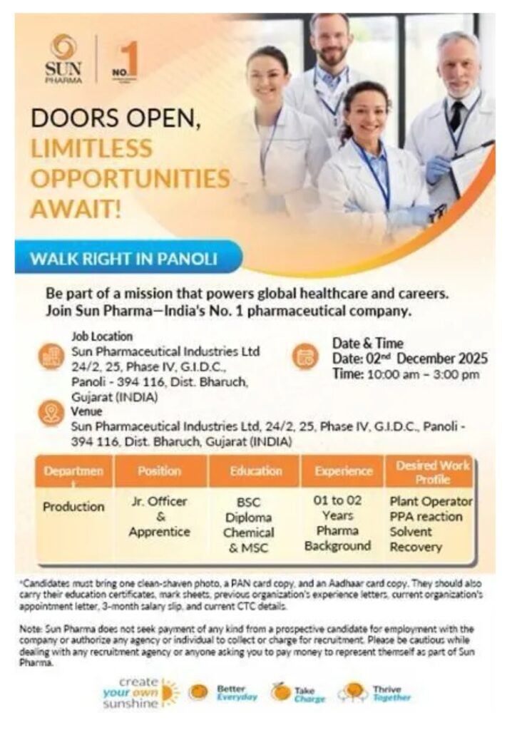 Sun Pharma Pharma jobs in Panoli Production Walk-In 02 December 2025