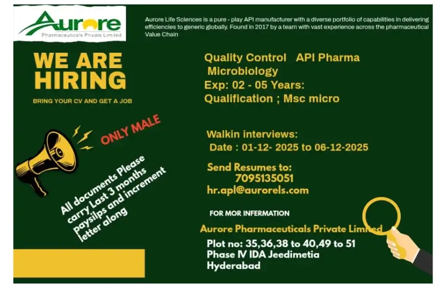 Aurore Pharma Jobs Hyderabad Walk In 2025
