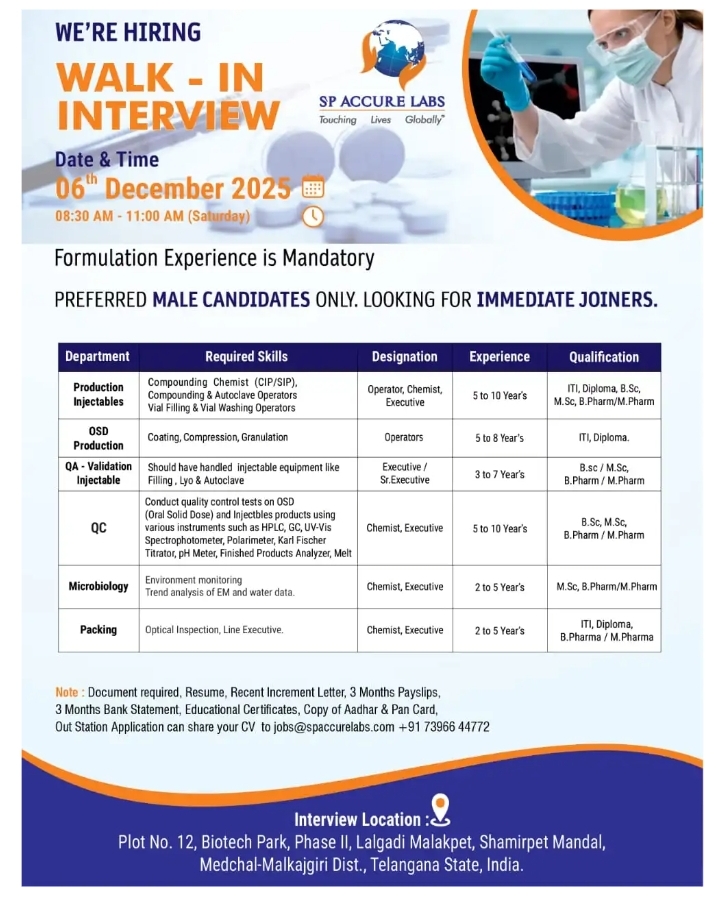 SP Accure Labs Pharma jobs in Hyderabad Walk In