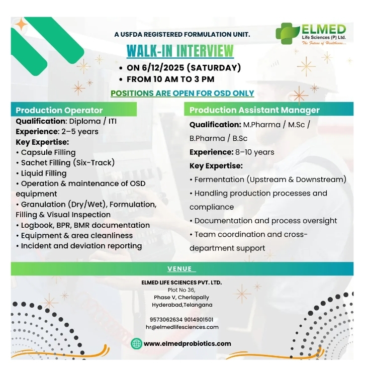 Elmed Life Sciences Production Jobs Hyderabad