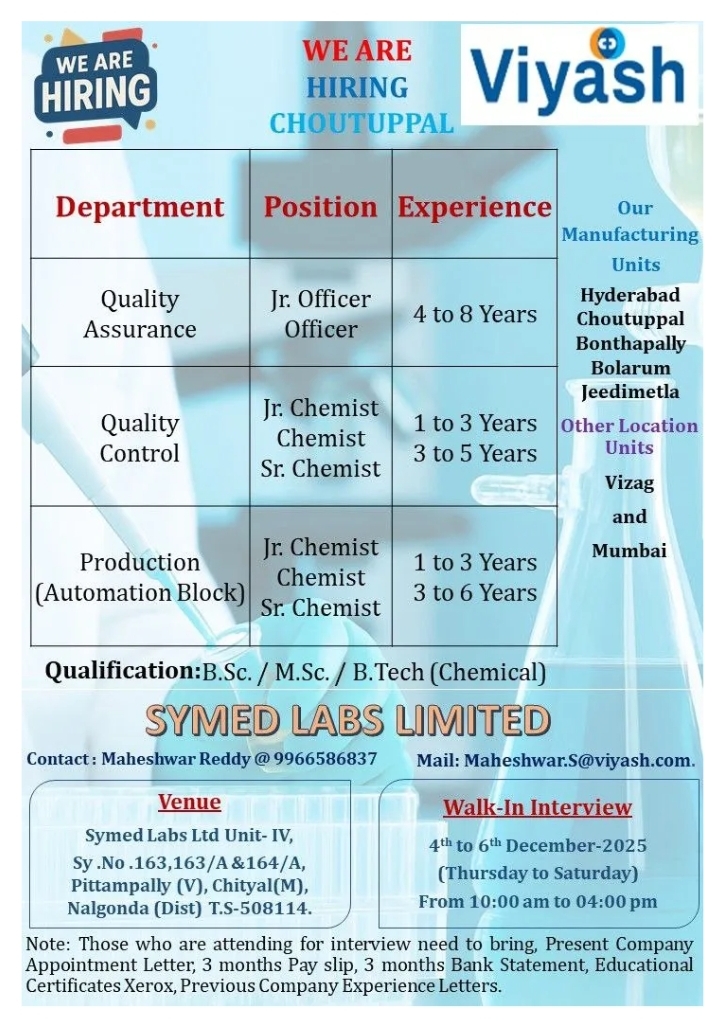 Viyash hiring in Choutuppal for QA QC and Production