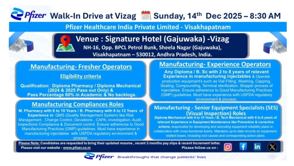 Pfizer Manufacturing Pharma Jobs Visakhapatnam