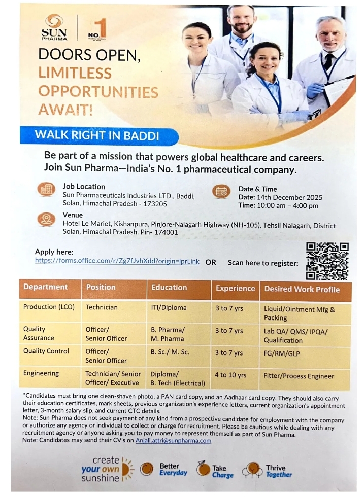 Sun Pharma Pharma jobs in India Walk-In Hiring