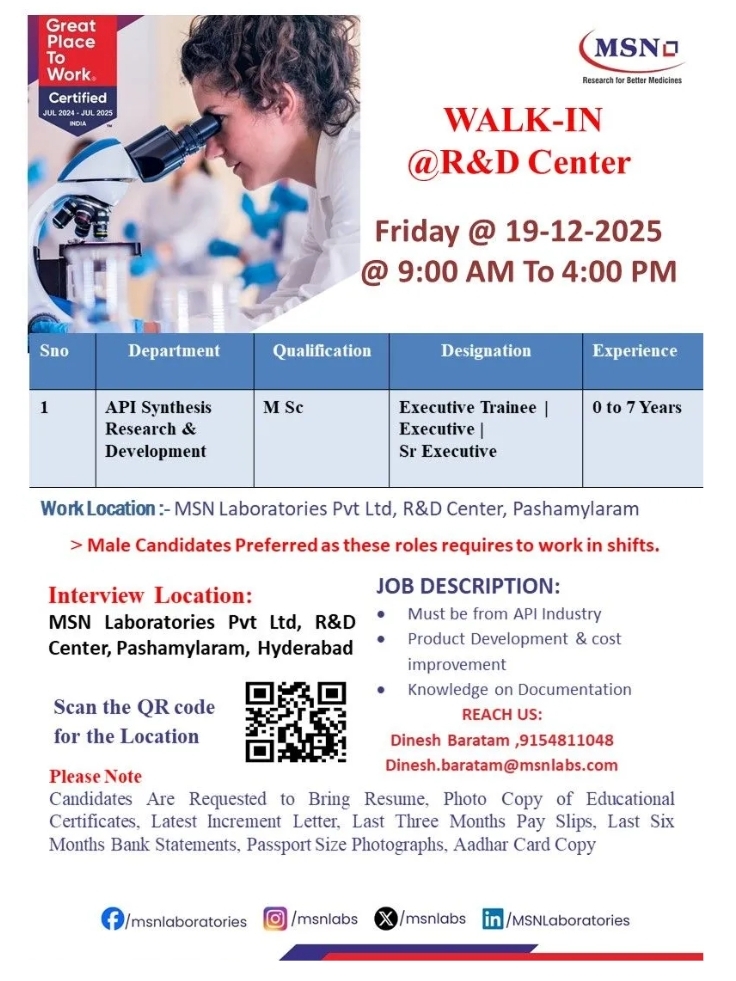 MSN Pharma jobs in Hyderabad Walk In Interview 2025