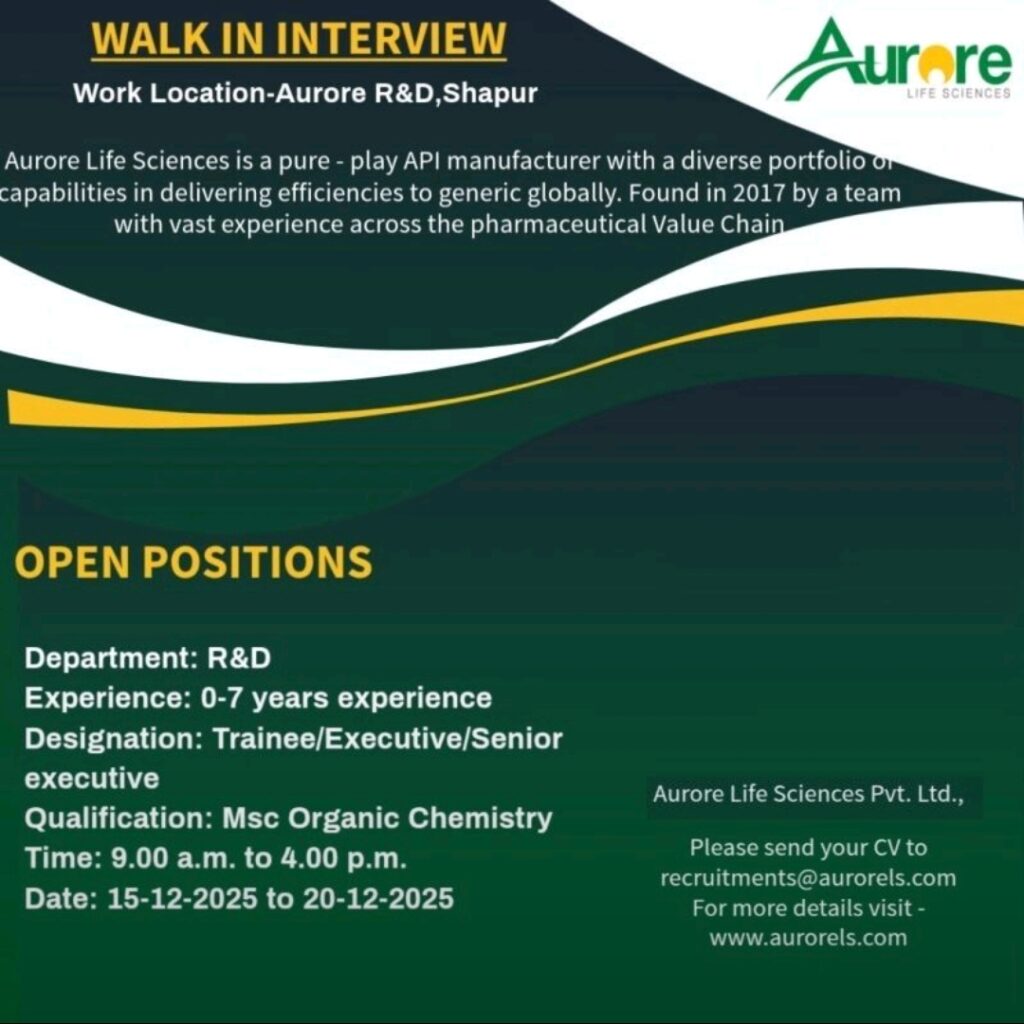 Aurore Pharma jobs in Hyderabad R&D Walk In Interview