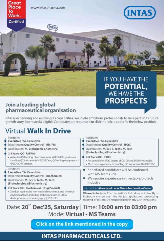 Intas Pharma jobs in Hyderabad Virtual Walk In Interview
