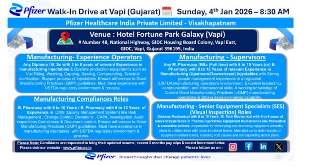 Pfizer Pharma jobs for Production Manufacturing BPharm MPharm