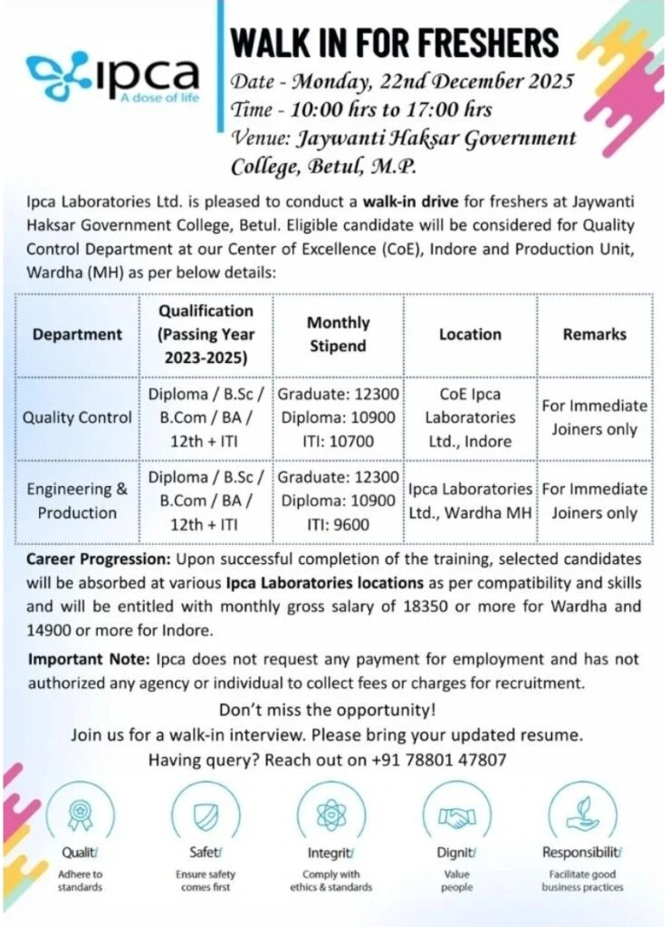 Ipca Pharma jobs for Production and Quality Control