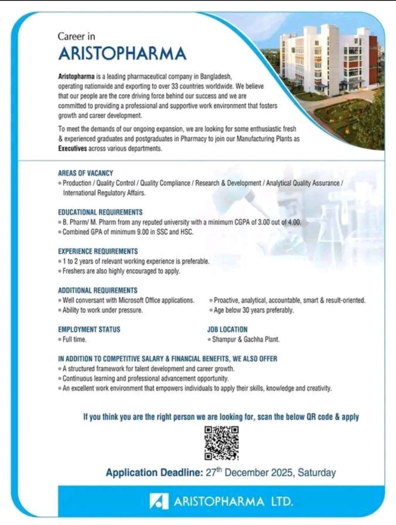 Aristopharma Ltd Pharma Jobs for Production and QA BPharm MPharm