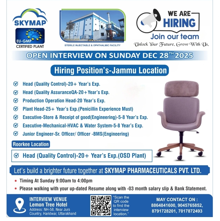 Skymap Pharma Jobs for Production QC QA BPharm BSc MPharm