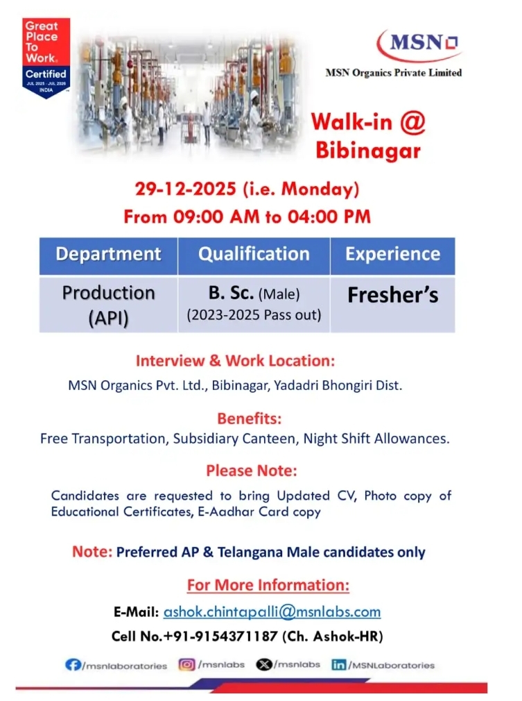 MSN Pharma jobs for Production B Sc