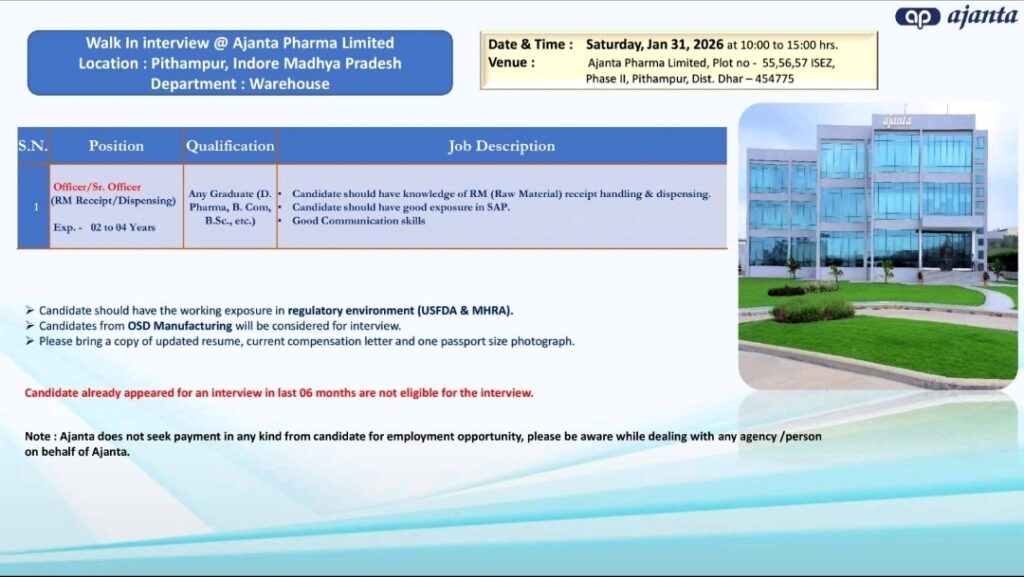 Ajanta Pharma Jobs for QA QC Warehouse BPharm MPharm