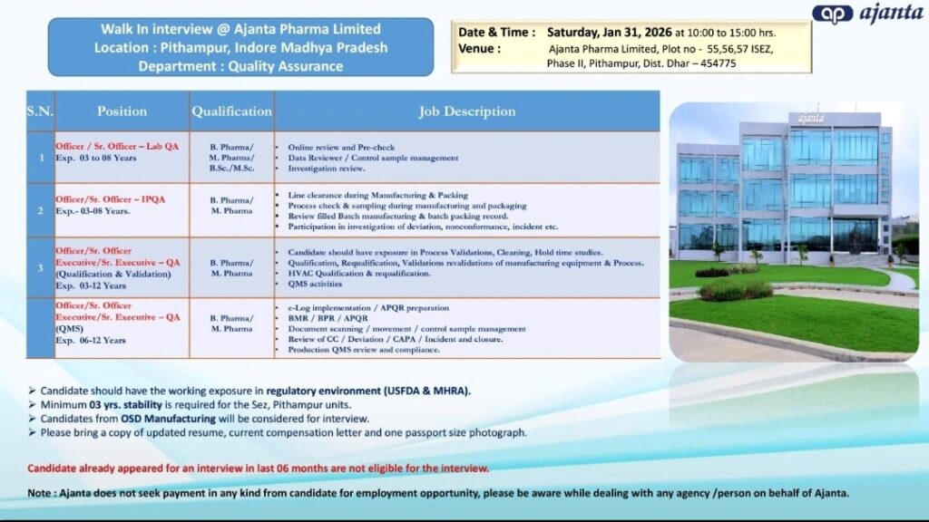 Ajanta Pharma Jobs for QA QC Warehouse BPharm MPharm