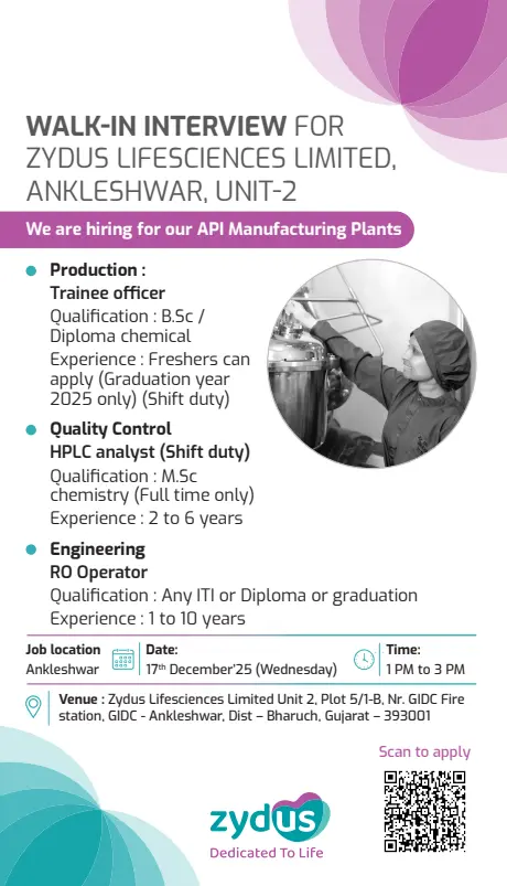 Zydus Pharma jobs in Ankleshwar Walk In Interview