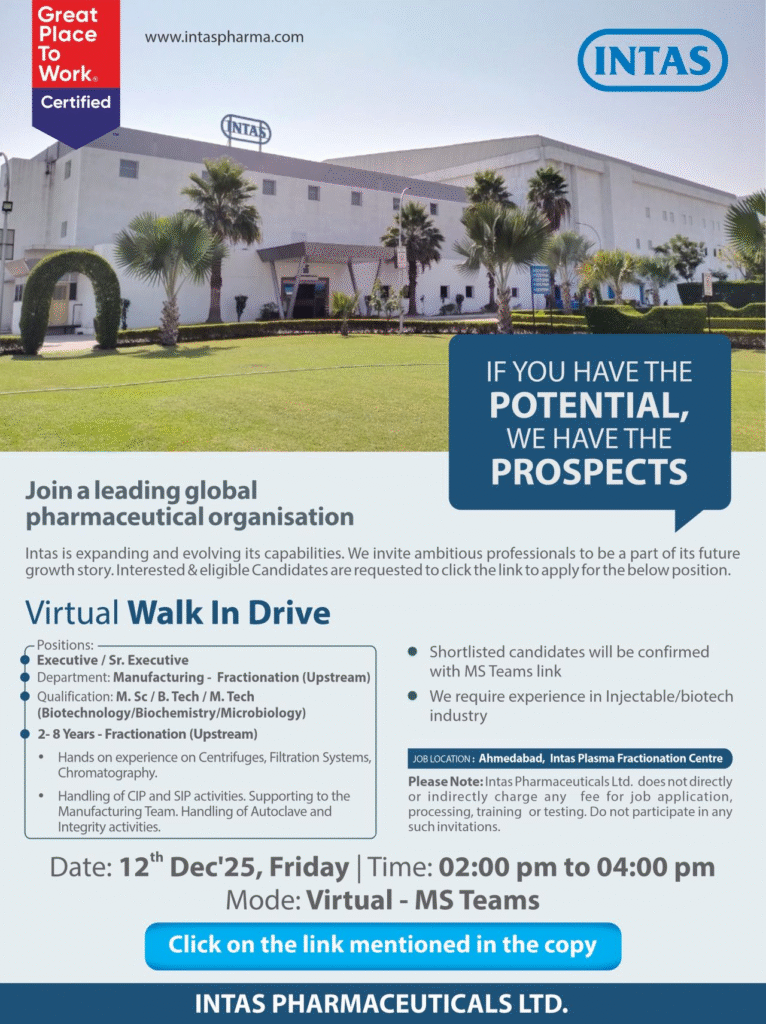 Intas Pharma Jobs in Ahmedabad