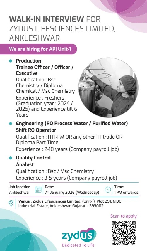 Zydus Pharma Jobs for Production QC Engineering