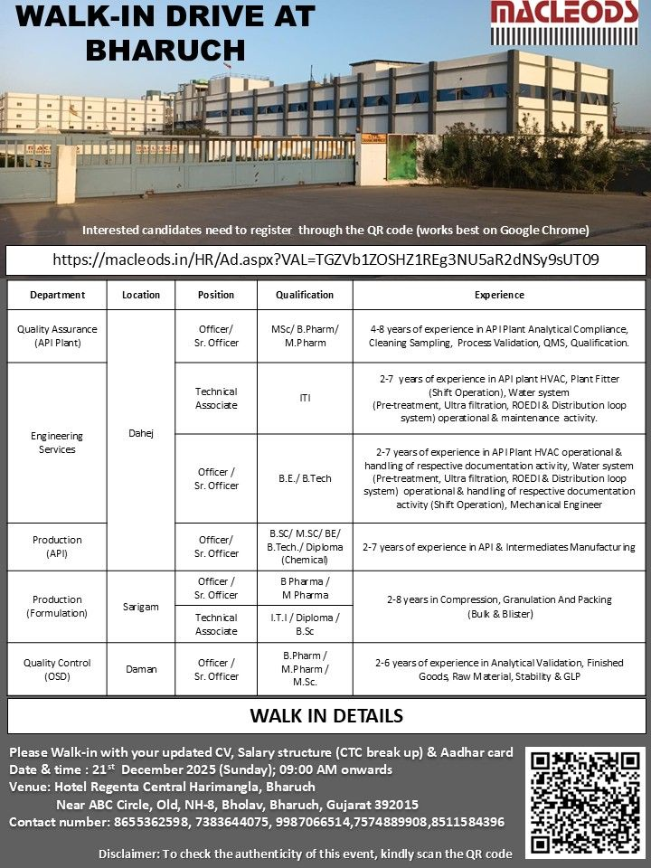 Macleods Pharma jobs in Bharuch walk in interview