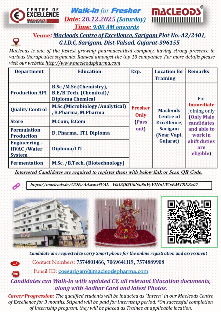Macleods Pharma jobs in Sarigam Walk In Interview