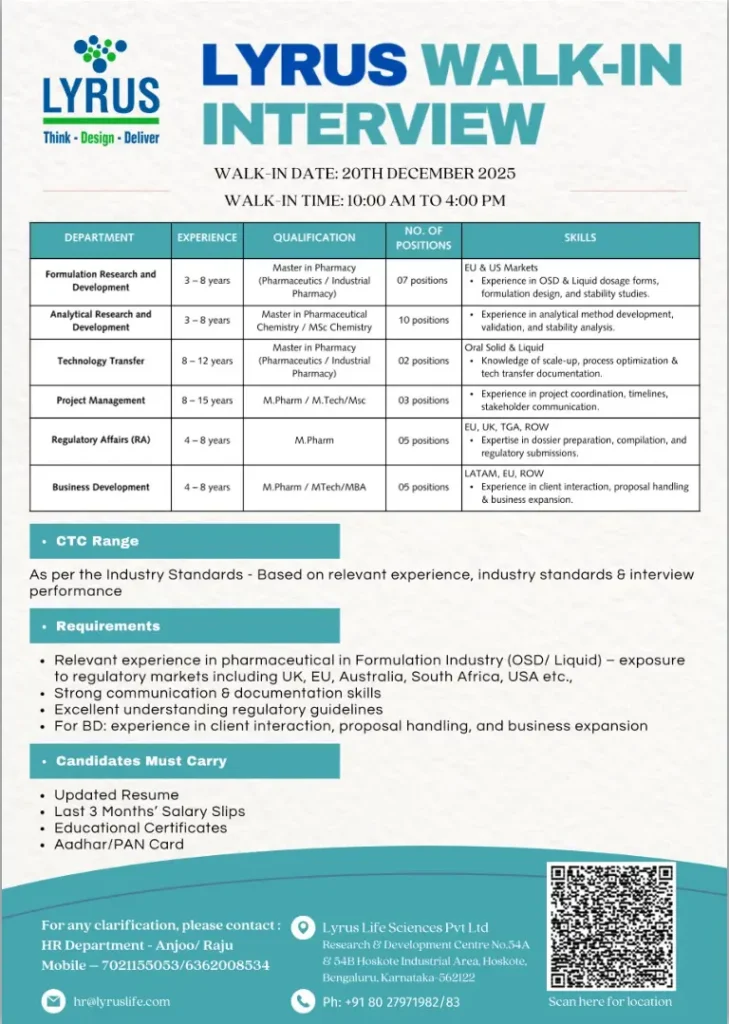 Lyrus Pharma Jobs Walk-In Bengaluru 2025