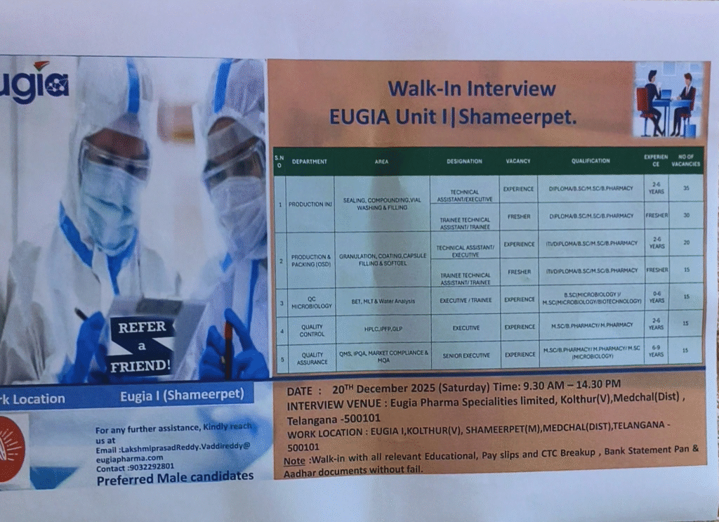 Eugia Pharma jobs in Hyderabad Walk In Interview